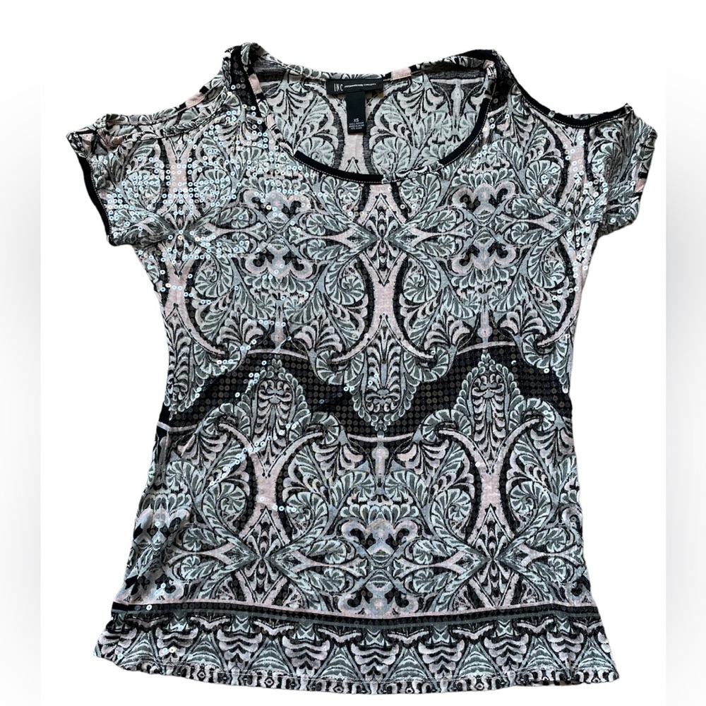 INC Womens XS Cold Shoulder Clear Sequins Tee